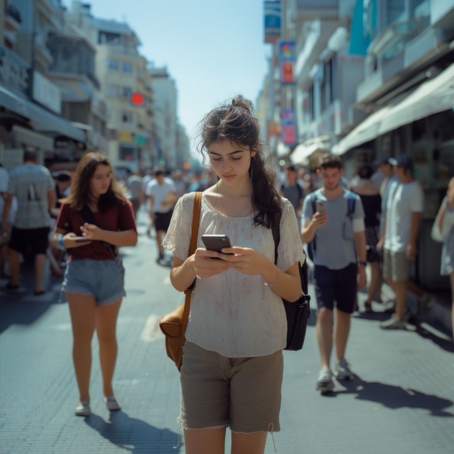 נערה במדרחוב הומה בתל אביב עומדת ומתעסקת בסמארטפון שלה
